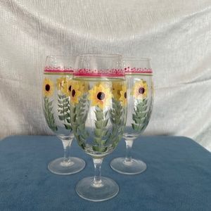 Set of 3 Pfaltzgraph hand painted Goblets, Sunflower design